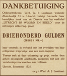 717220 Dankbetuiging van de weduwe A.J. Landzaat (Abstederdijk 34) te Utrecht voor een uitkering van f 300 uit de ...